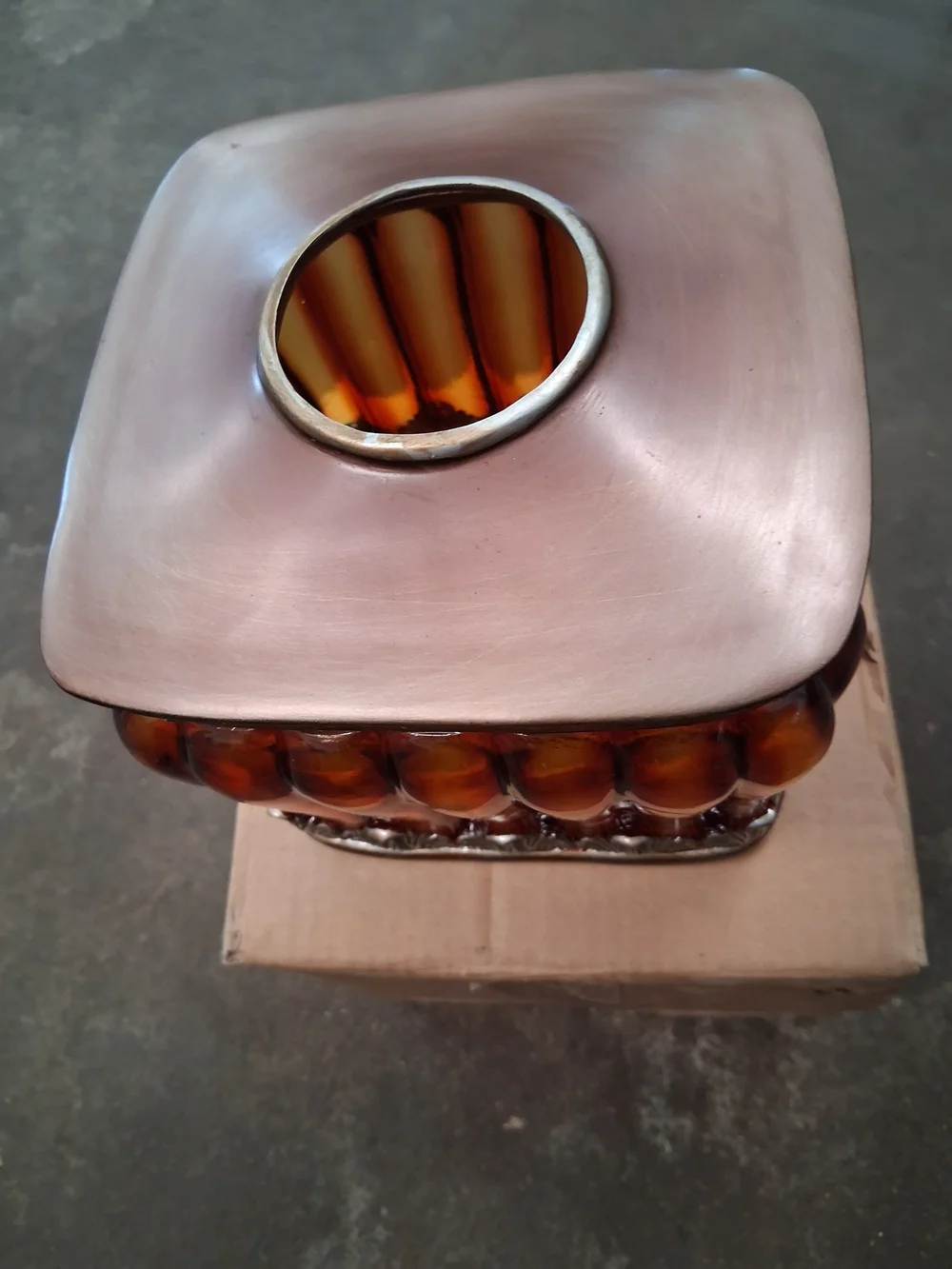Decorative Amber Glass and Metal Accent Tissue Box Cover.